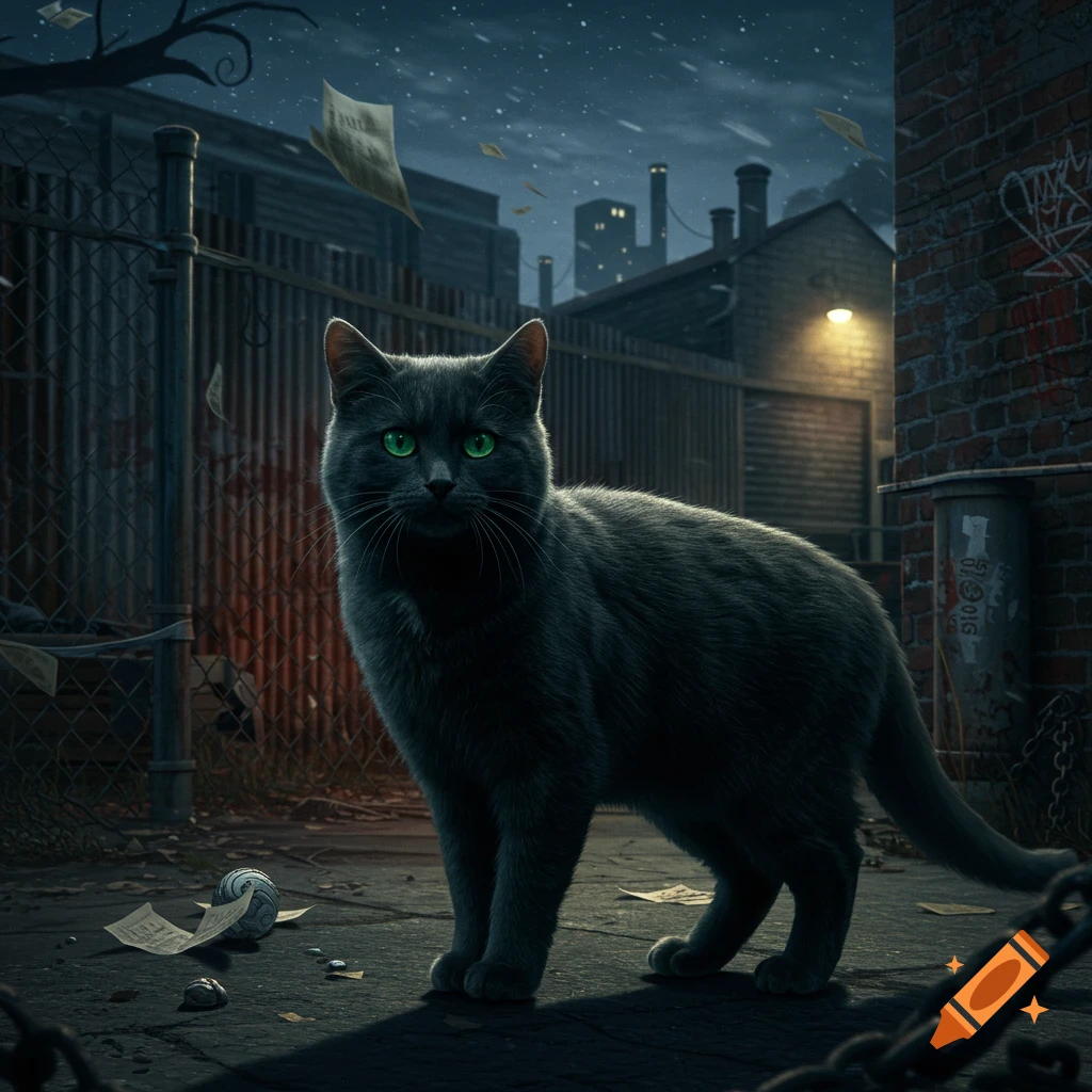 A realistic black cat with glowing green eyes stands alert in a dark, gritty urban alleyway at night.
