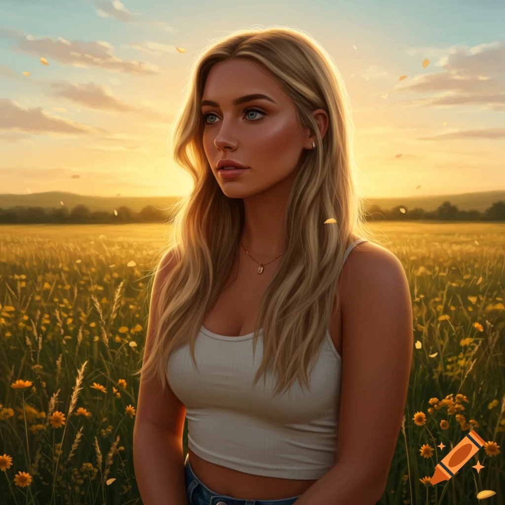 A young woman with blonde hair and blue eyes, wearing a white top, stands in a field of yellow flowers at sunset.