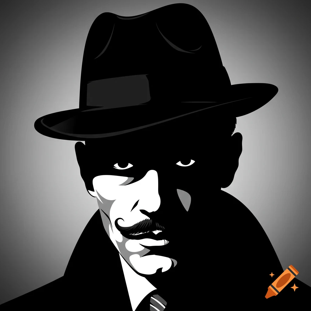 High-contrast black and white illustration of a man's face wearing a fedora, with a mustache and hard shadows.