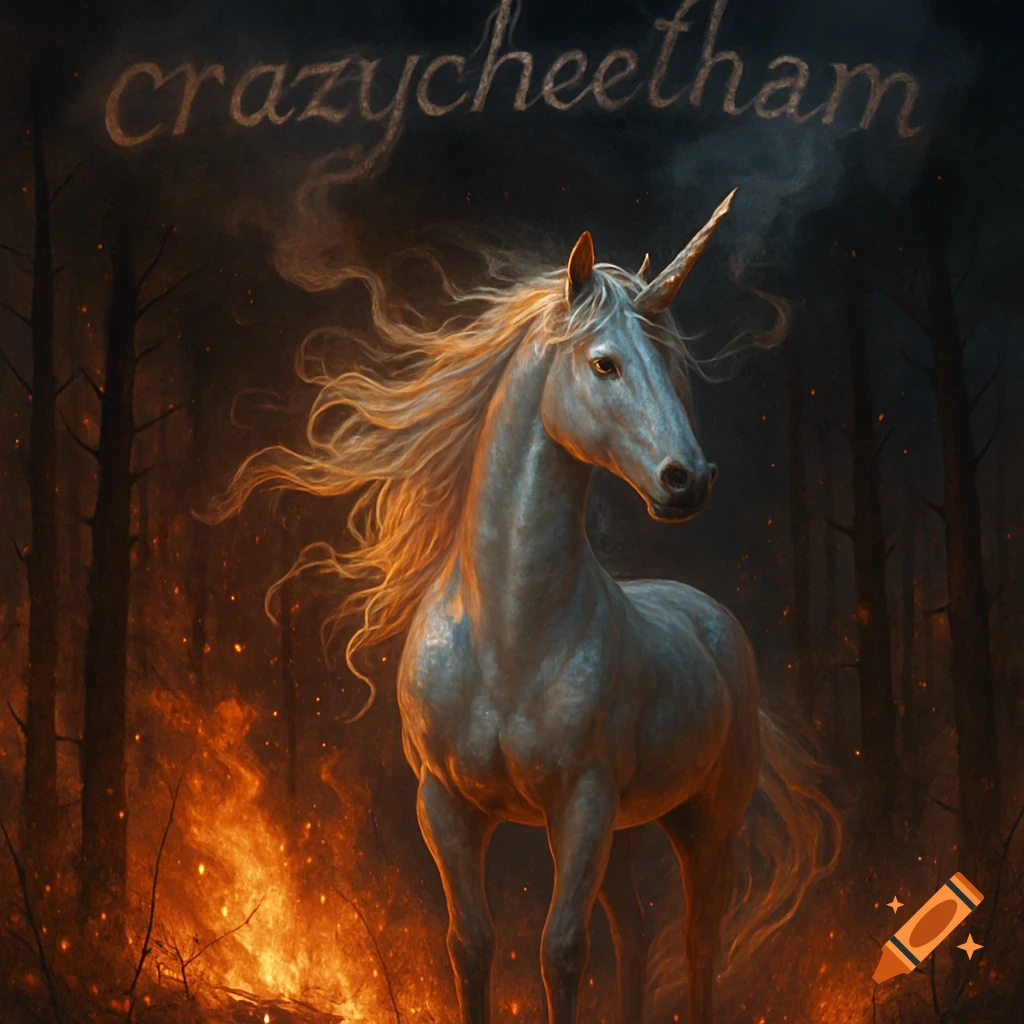 A majestic white unicorn with a flowing golden mane stands in a dark, burning forest with orange flames, text "crazycheetham" above.