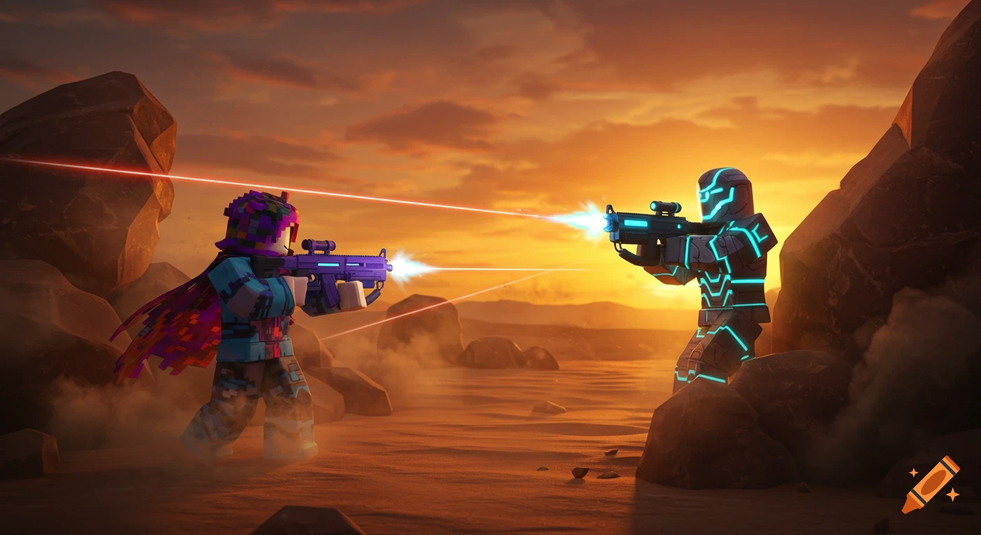 Two blocky characters, resembling Roblox figures, exchange fire with laser guns in a desert landscape at sunset.