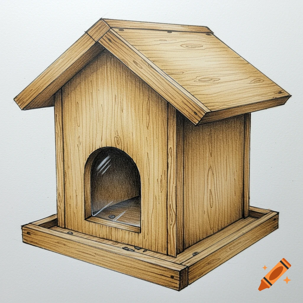 A detailed pencil drawing of a wooden squirrel feeder with an arched entrance and a clear acrylic window on a white background.