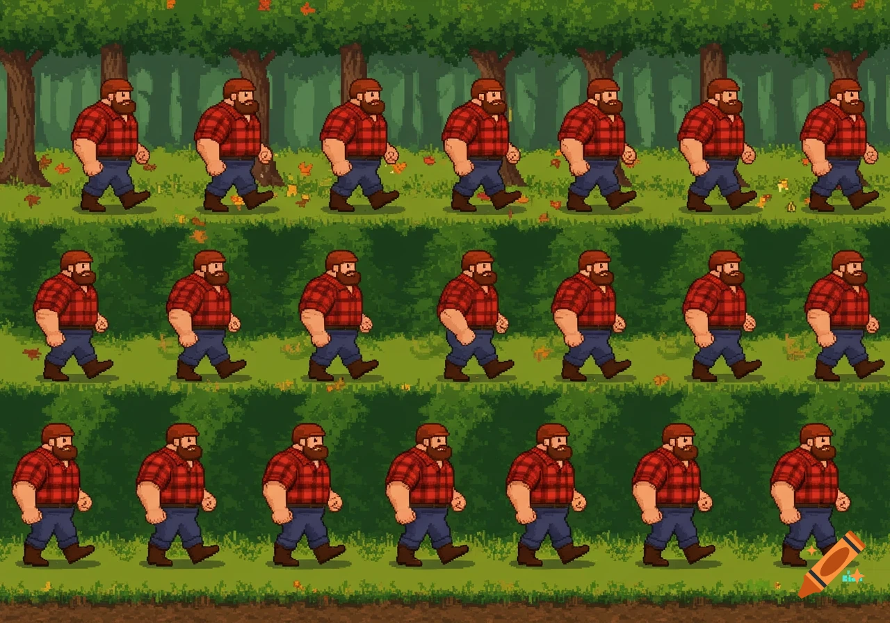 Pixel art spritesheet of a bearded lumberjack in a red plaid shirt walking through a forest.