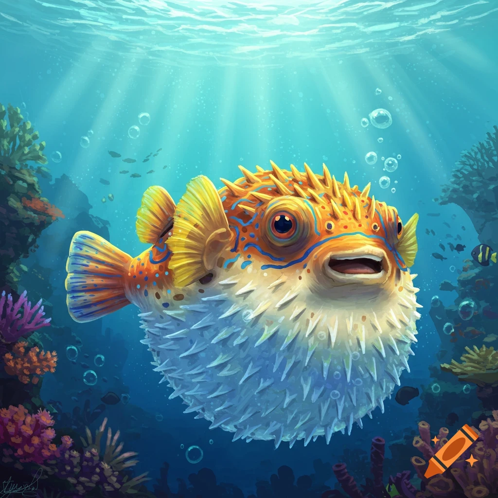 A vibrant, cartoon-style pufferfish swims in a coral reef with sunlight filtering through the clear blue water.