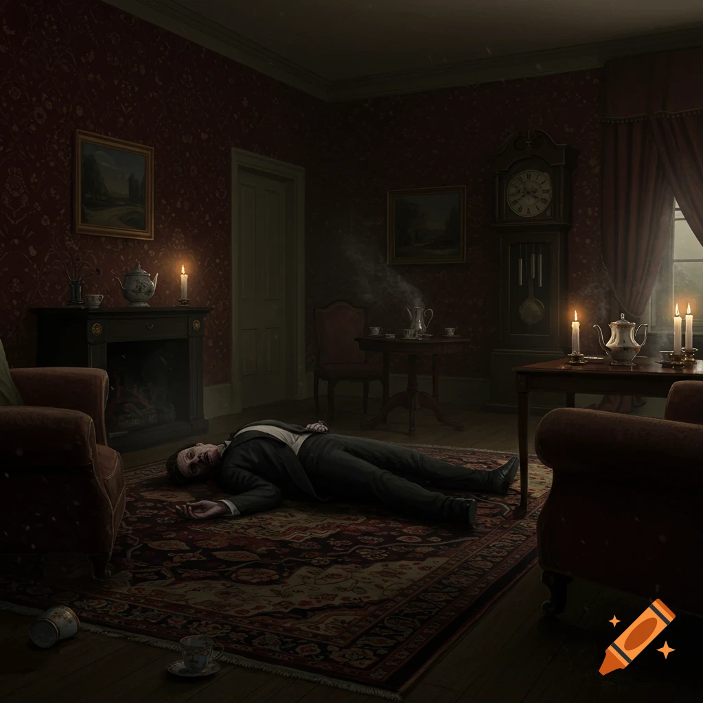 A dead man in a suit lies on a patterned rug in a dimly lit Victorian room with a fireplace, candles, and antique furniture.