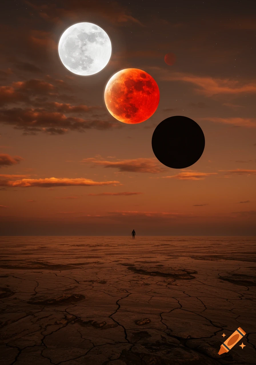 A lone figure stands on a cracked, barren desert under an orange sky with a white moon, a red moon, and a black moon diagonally aligned above.