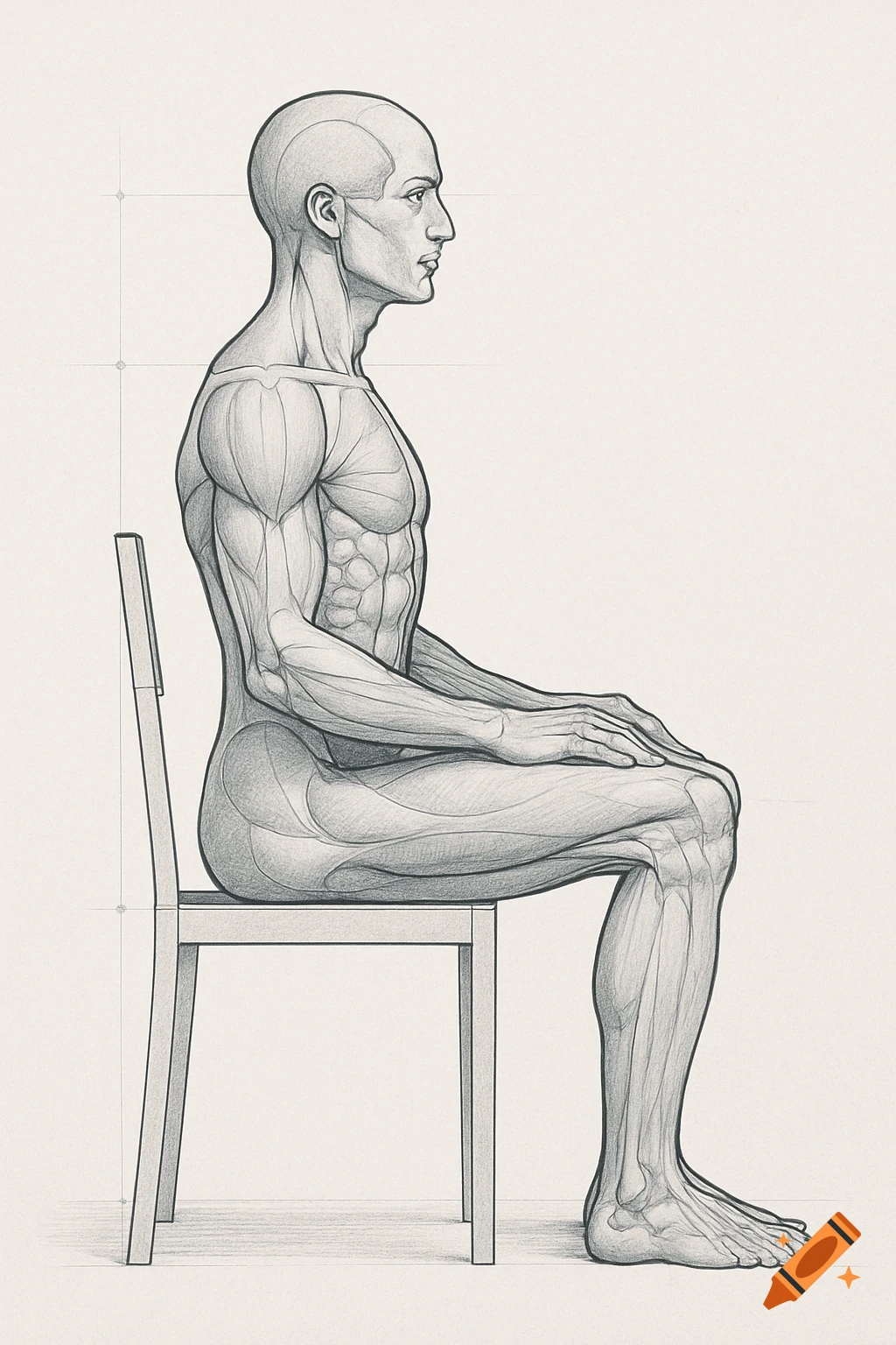 Detailed anatomical diagram of a muscular male figure sitting in profile on a chair, pencil sketch style.