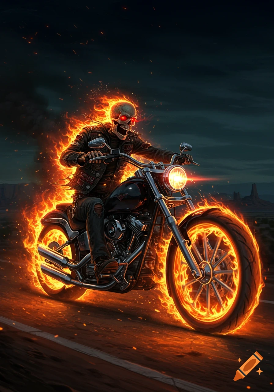 A flaming skeleton in a leather jacket rides a motorcycle on a dark road with a stormy sky, in a fantasy art style.