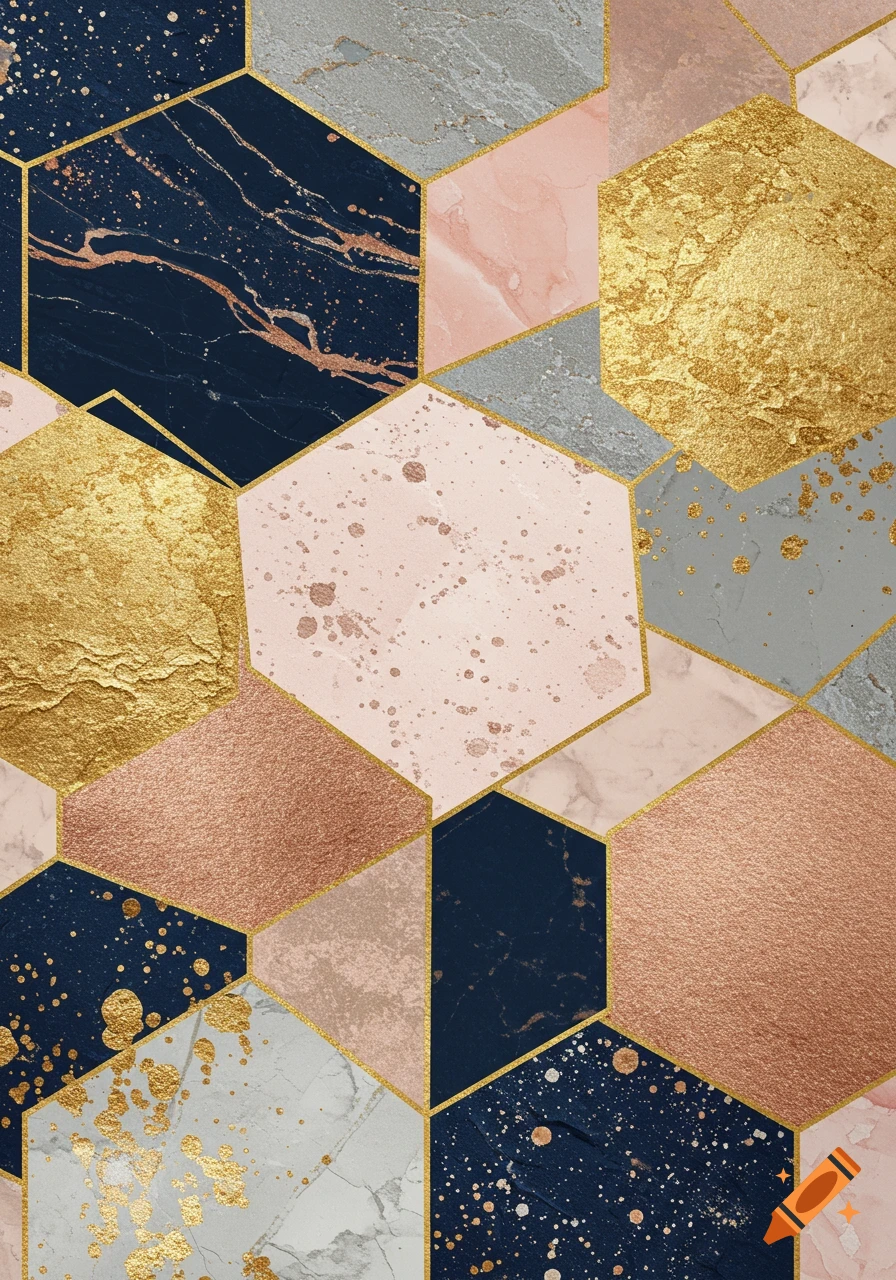 Geometric pattern of hexagons in navy, pink, gray, and metallic bronze and gold textures with paint splatters.