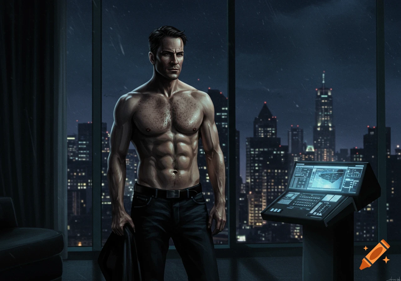 Muscular Bruce Wayne, shirtless, stands in a high-rise room overlooking a night city skyline with a tech console.