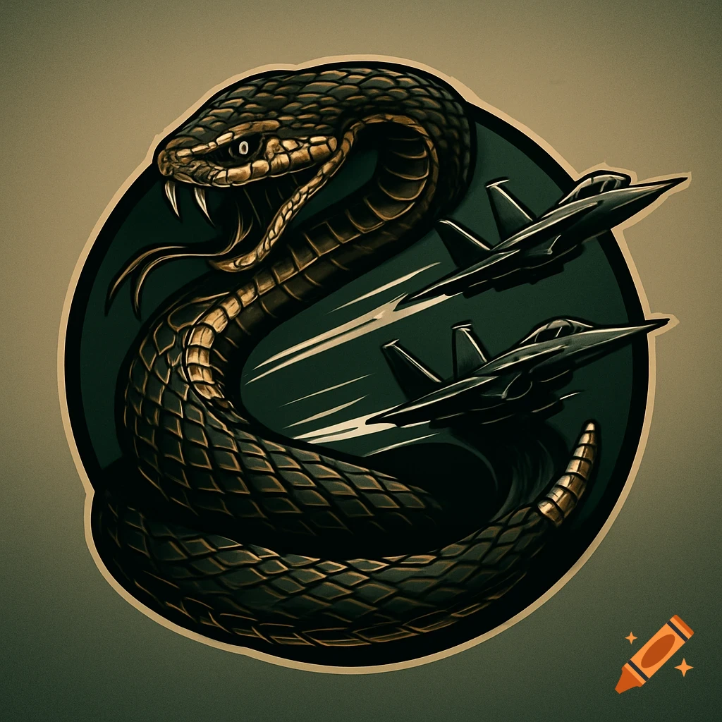 A detailed logo featuring a coiled rattlesnake with its mouth open, alongside two fighter jets, all within a dark circular frame.