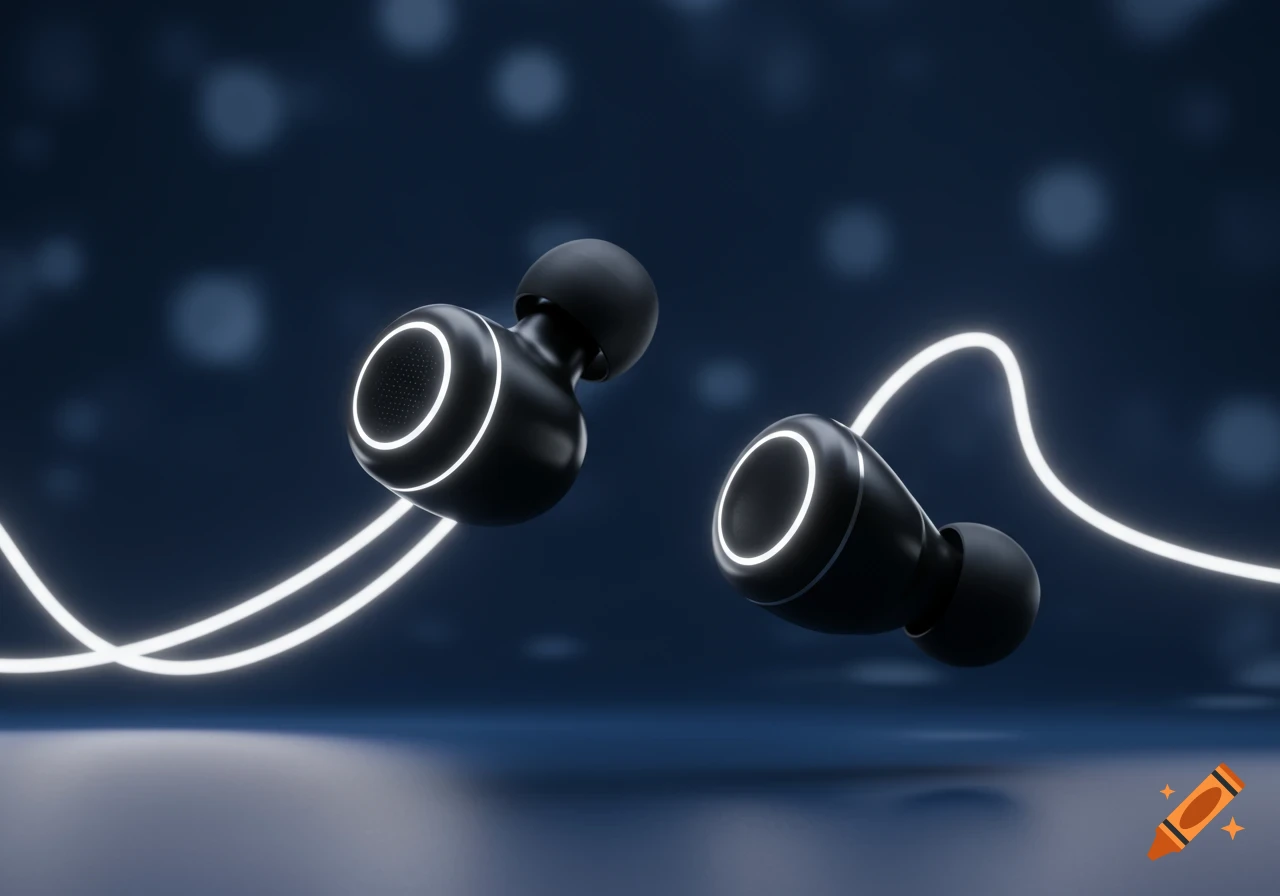 Two black earbuds with white neon glowing rings and lines, floating against a dark blue background with bokeh lights.