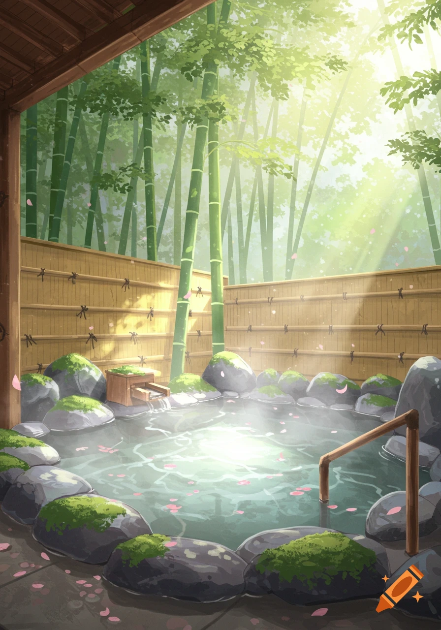 Anime-style outdoor Japanese hot spring with steaming water, mossy rocks, and bamboo trees under sunbeams.