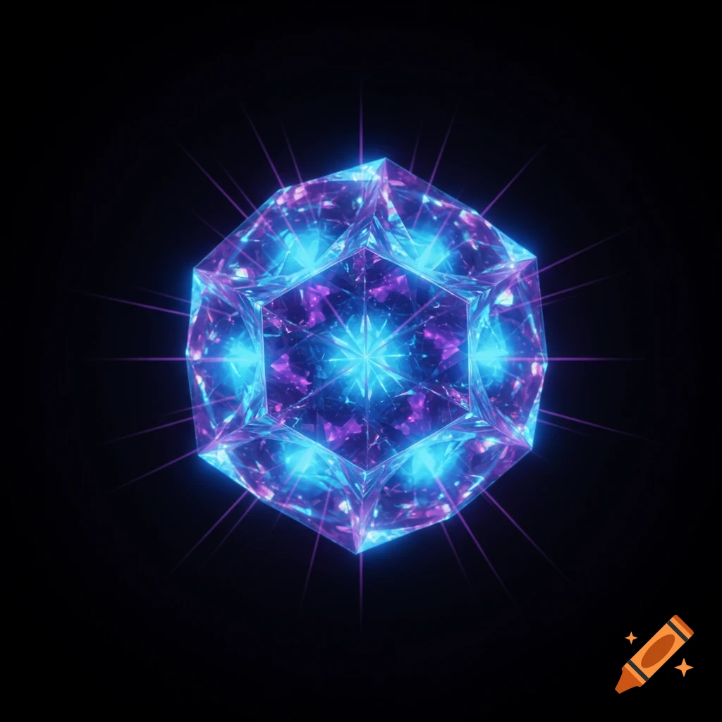 A glowing, multifaceted blue and purple geometric crystal radiating light on a dark background.