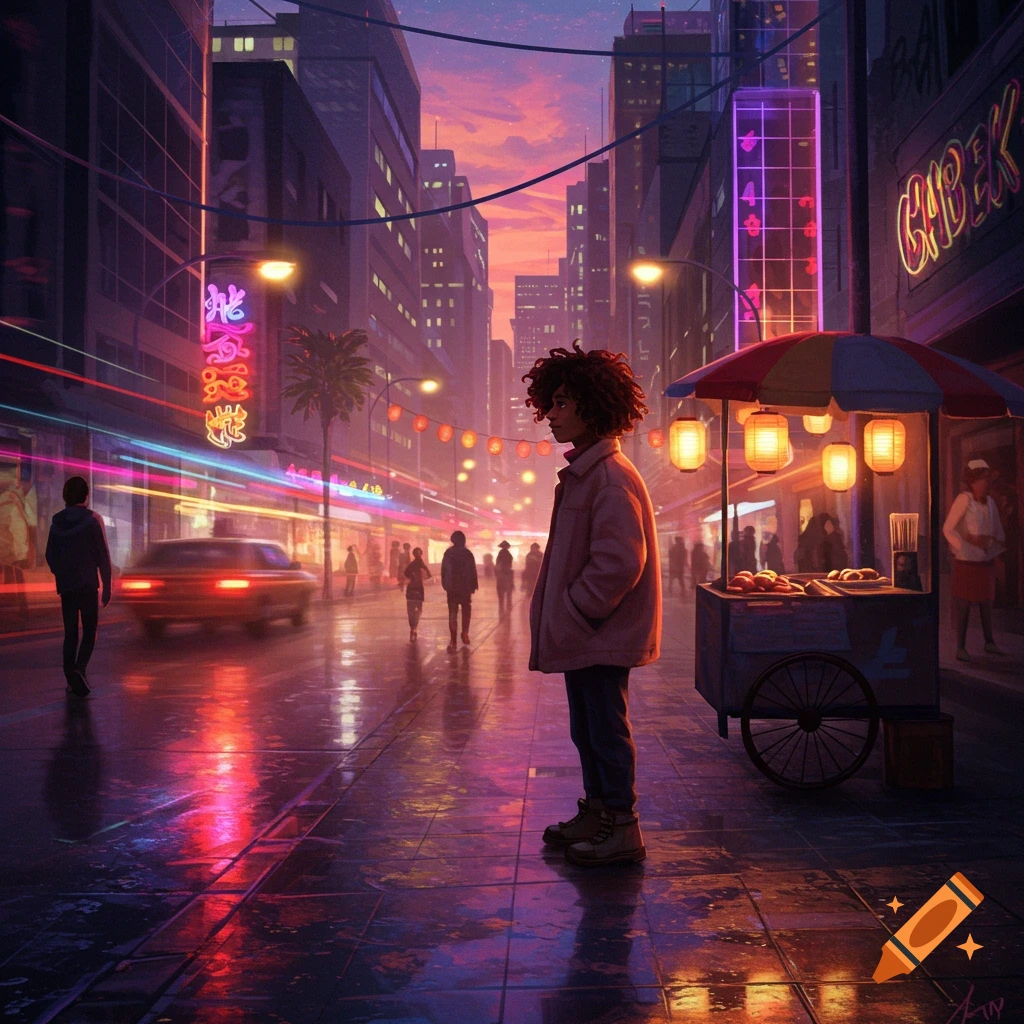 An illustration of a person with curly hair standing by a food cart on a wet, neon-lit city street at dusk, with traffic lights blurring.