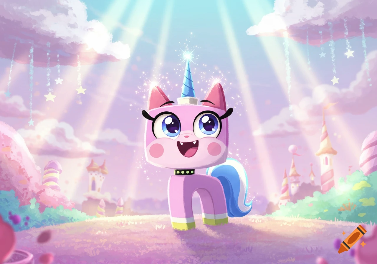 Unikitty, a pink cat-unicorn, stands happily in a sparkling, pastel-colored fantasy landscape with castles and clouds.