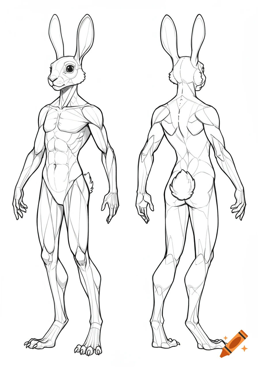 A detailed line art anatomical reference sheet of an anthropomorphic rabbit character, showing front and back views.