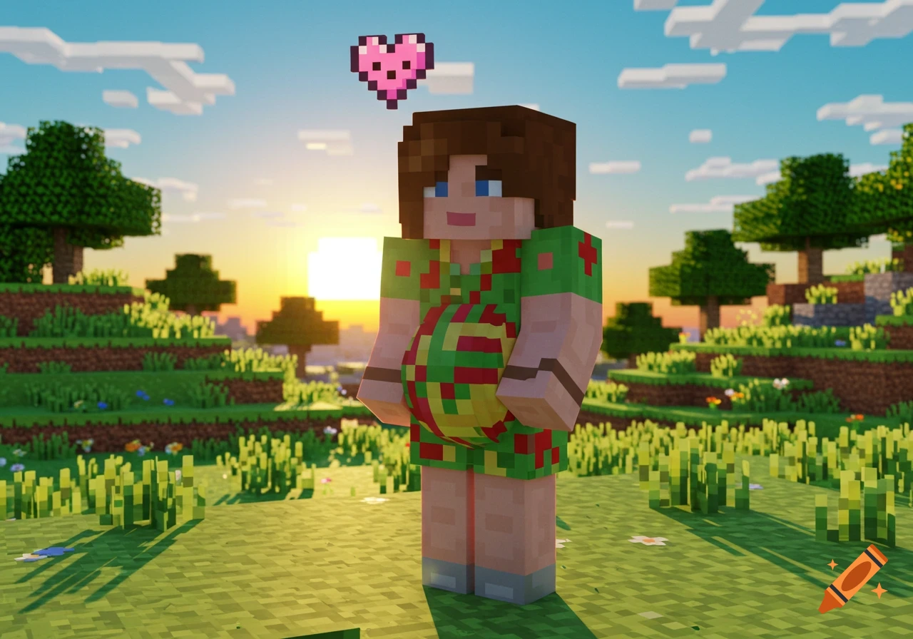 A pregnant Minecraft character with a pixel heart above her head stands in a blocky landscape at sunset.