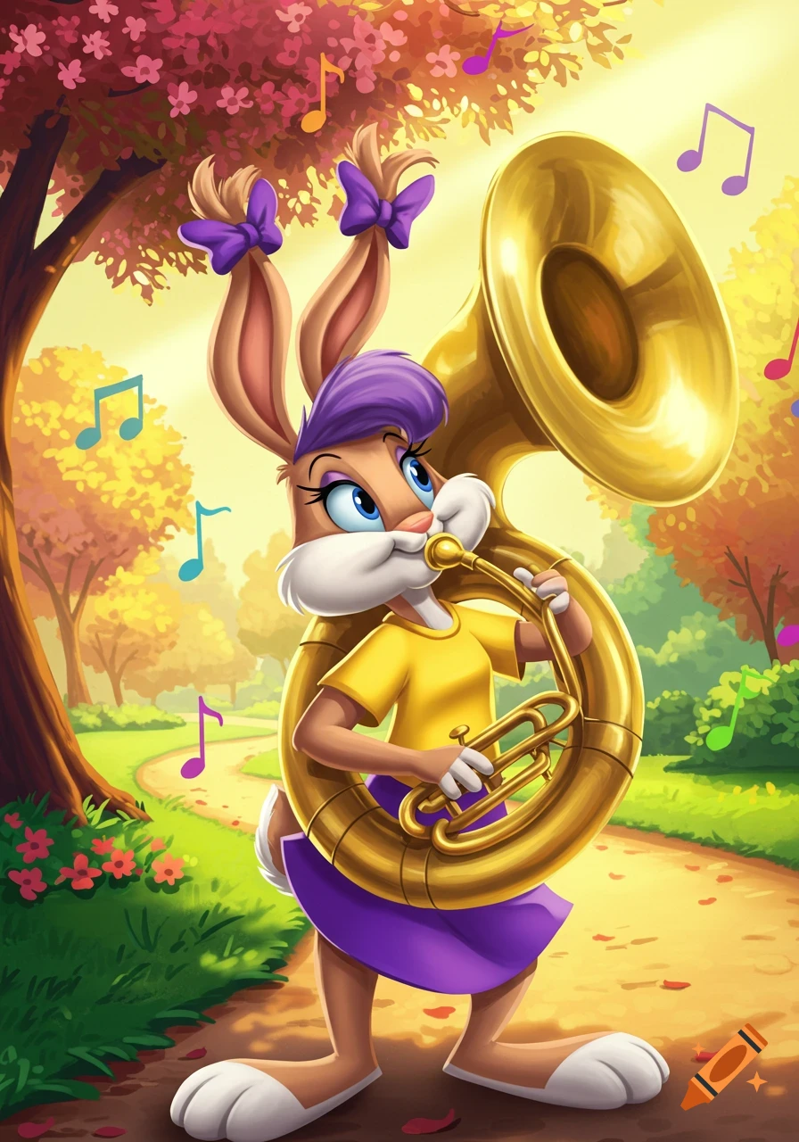 Babs Bunny, in a yellow shirt and purple skirt, plays a shiny gold sousaphone in a vibrant, leafy park with musical notes floating around.