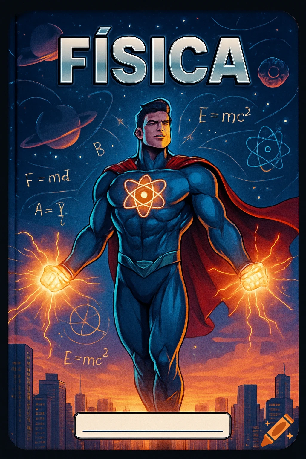 A muscular, blue-suited superhero with a red cape and glowing atom emblem on his chest floats above a city, energy crackling from his hands. Cosmic elements and physics formulas are in the dark sky, and a title reads "FÍSICA".