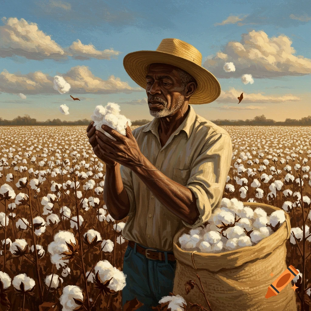 A dark-skinned man in a straw hat holding cotton in a vast cotton field, with a bag of picked cotton, painterly style.