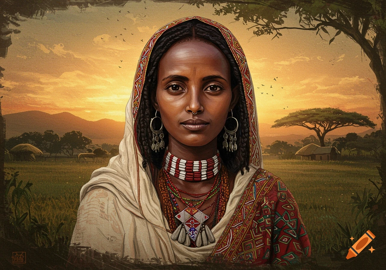 A portrait of an Amharas woman in traditional attire with a white head covering and beaded jewelry, against an African sunset.