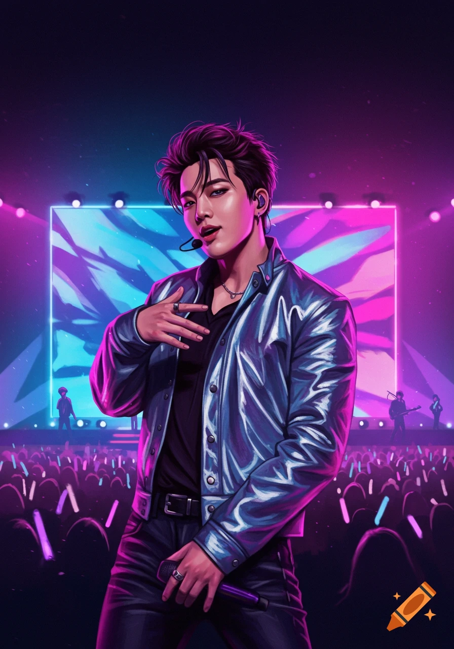 A K-pop idol in a shiny blue jacket performing on a neon-lit stage, holding a microphone, with a concert audience in the foreground, in a digital art style.