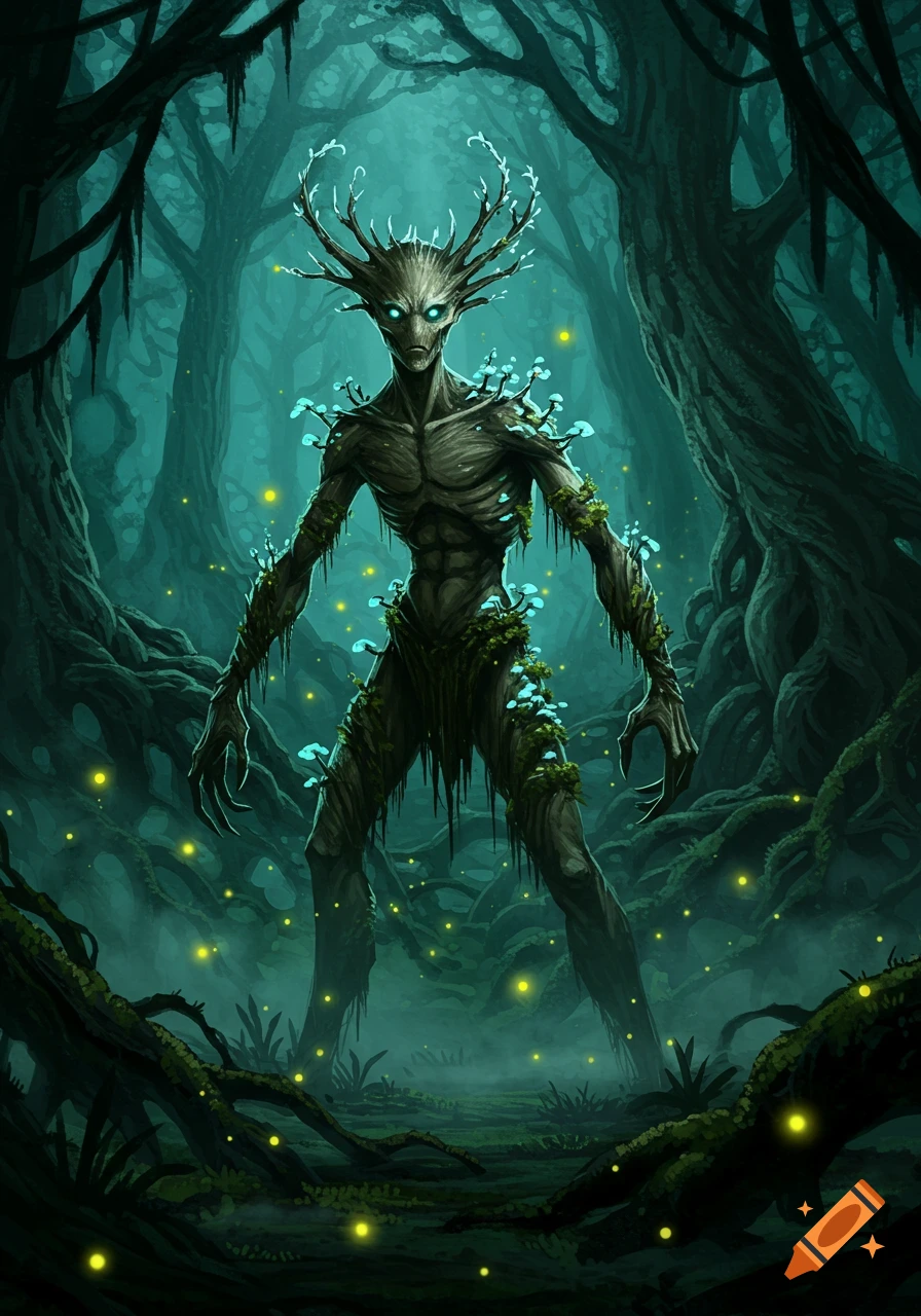 A slender, humanoid tree creature with glowing eyes and antlers stands in a dark, misty forest with glowing mushrooms and fireflies.