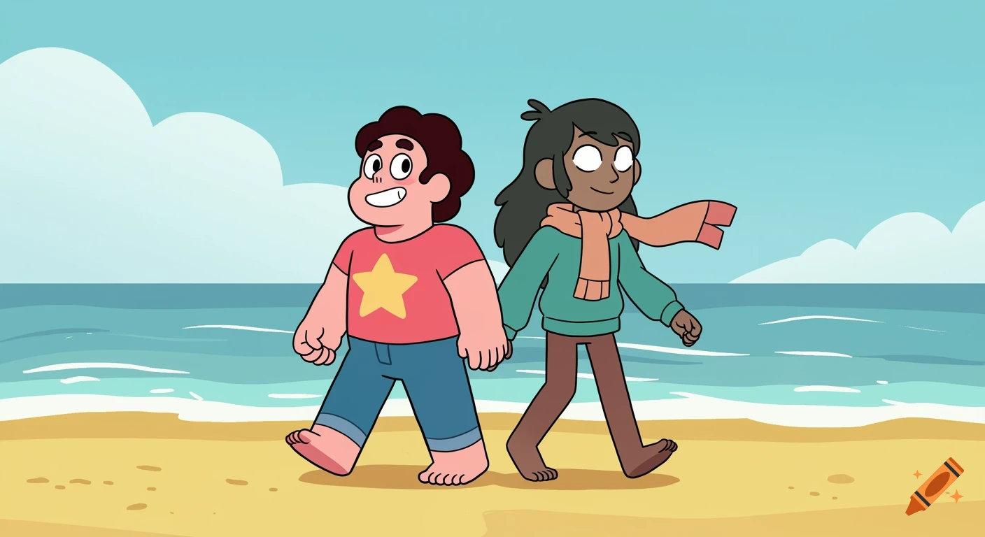 Steven Universe and Hilda walk barefoot on a sunny beach, cartoon style.