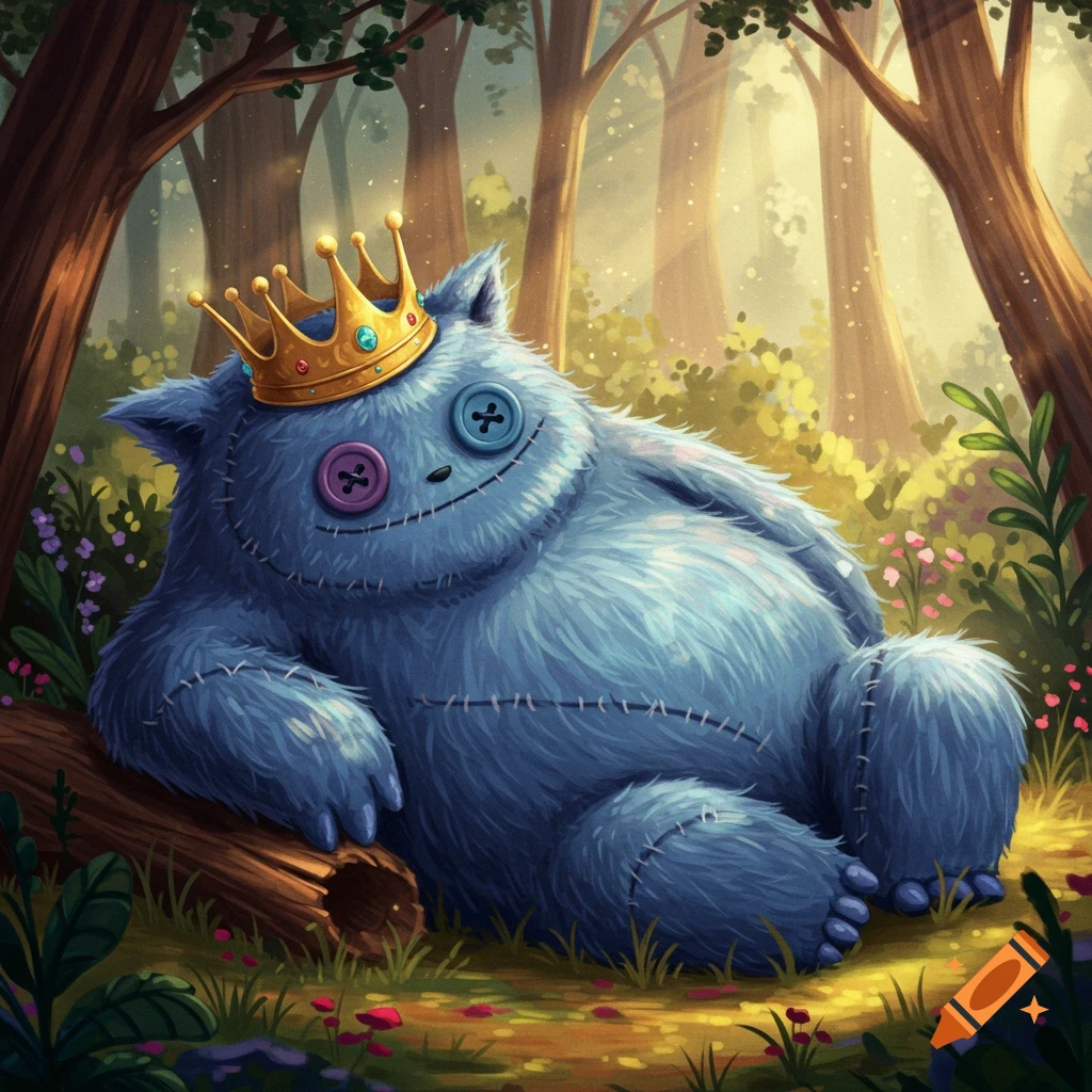 A fluffy blue monster with button eyes and a golden crown rests on a log in a sun-dappled fantasy forest, in a whimsical illustration style.