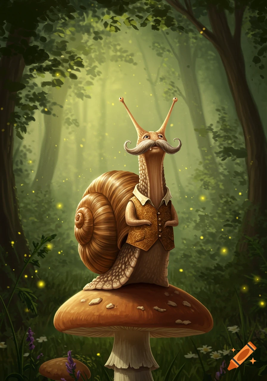 An anthropomorphic snail with a curled mustache and a patterned vest stands on a large mushroom in a magical, glowing forest.