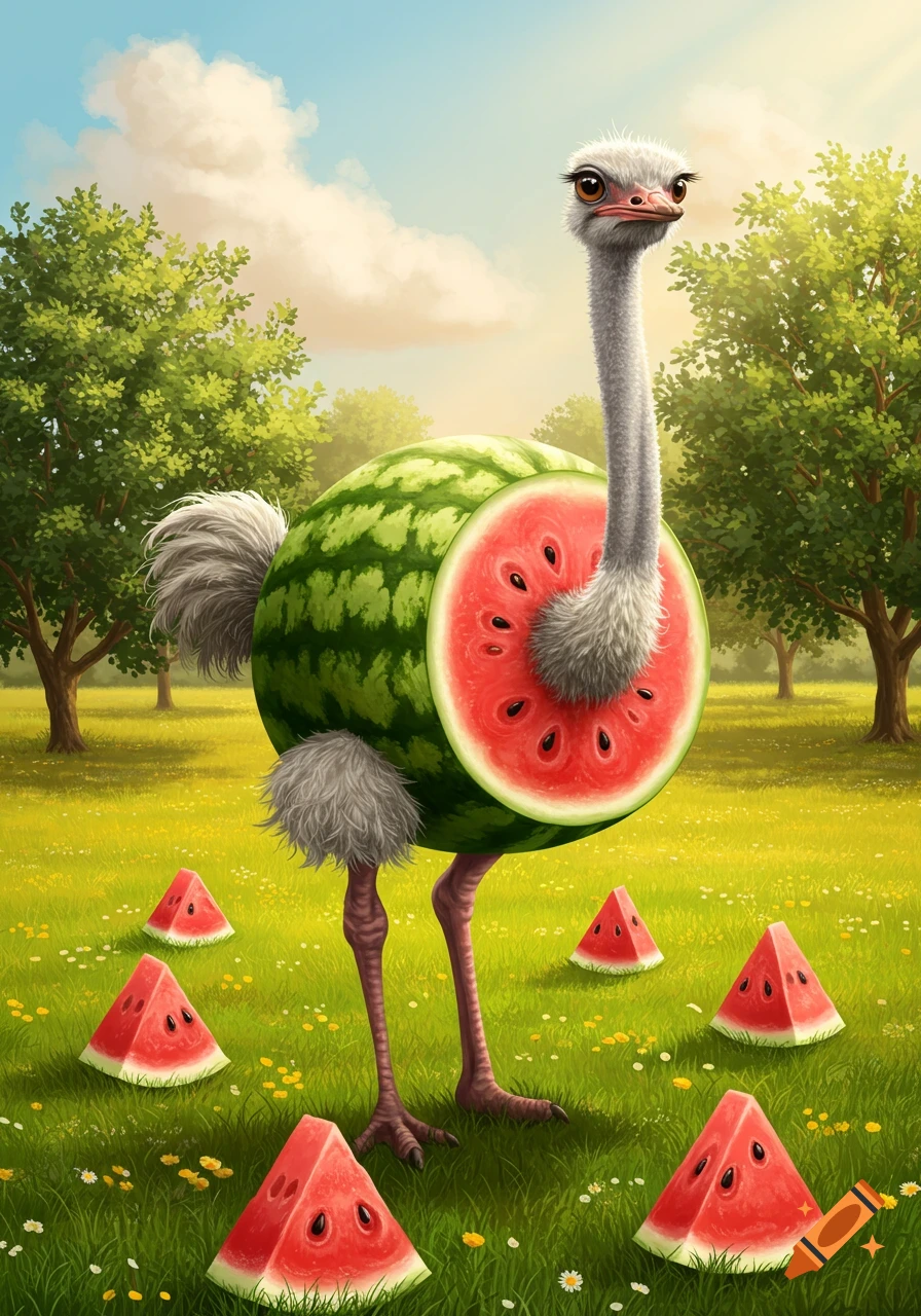 A whimsical ostrich with a watermelon for a body stands in a grassy field with trees, surrounded by watermelon slices.