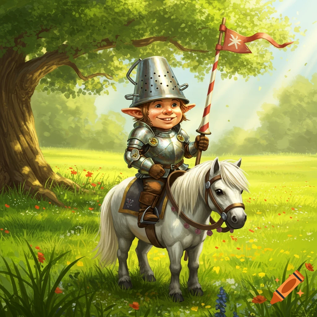 A whimsical illustrated halfling knight in colander helmet rides a white pony through a sunny field, holding a flag with a star.