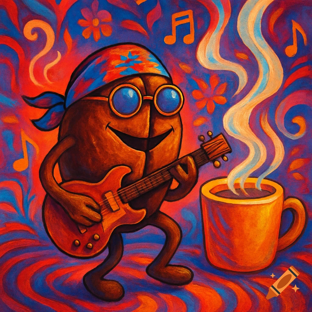 A cartoon coffee bean in a bandana and sunglasses plays guitar beside a steaming mug on a vibrant psychedelic background.