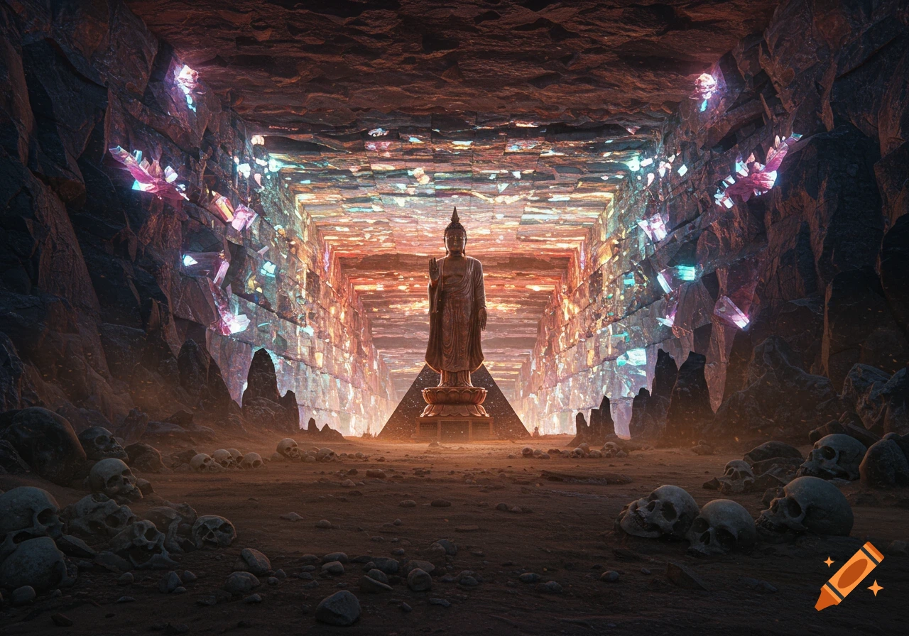 Bronze Buddha statue stands on a pyramid pedestal in a crystal-filled cave with skulls scattered on the dusty ground.