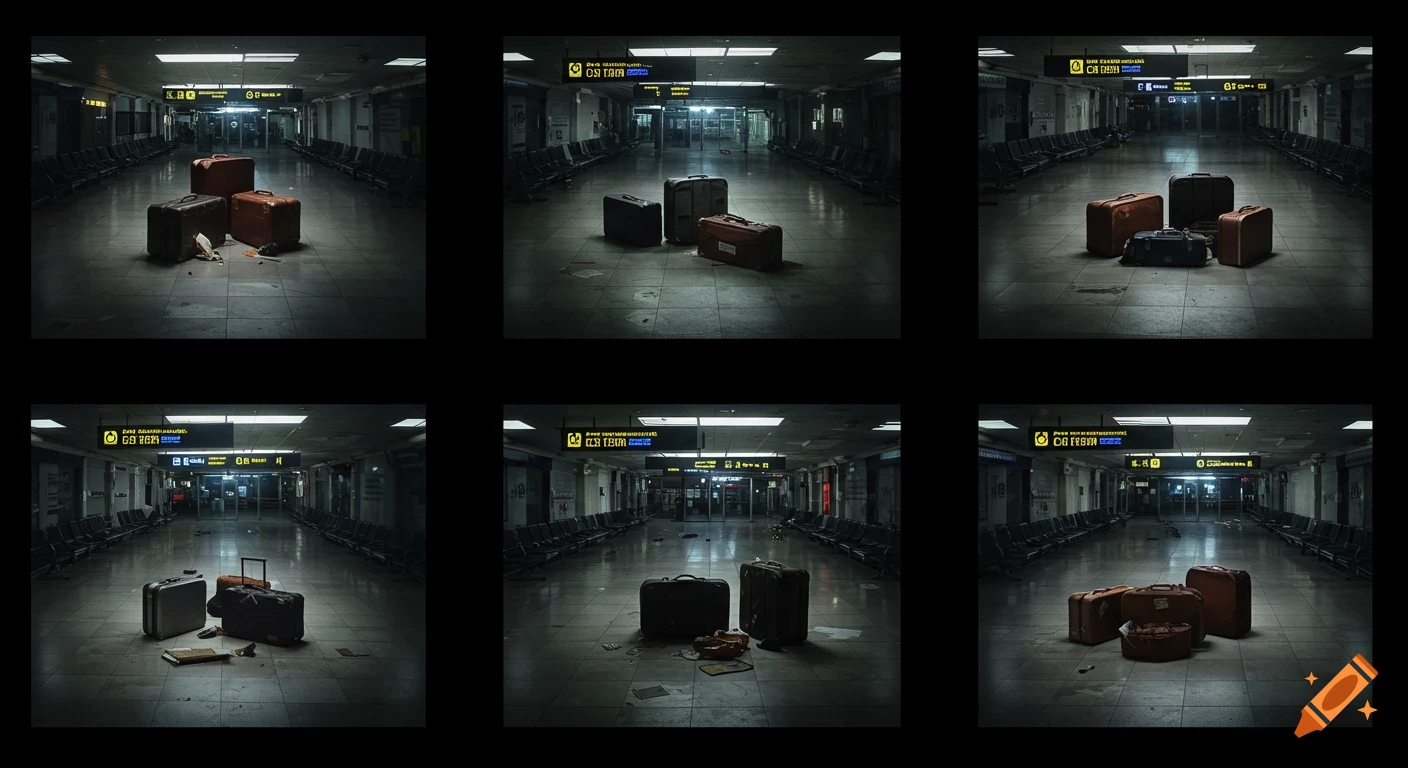 A security camera grid displays six screens, each showing abandoned suitcases in a dark, empty airport terminal.