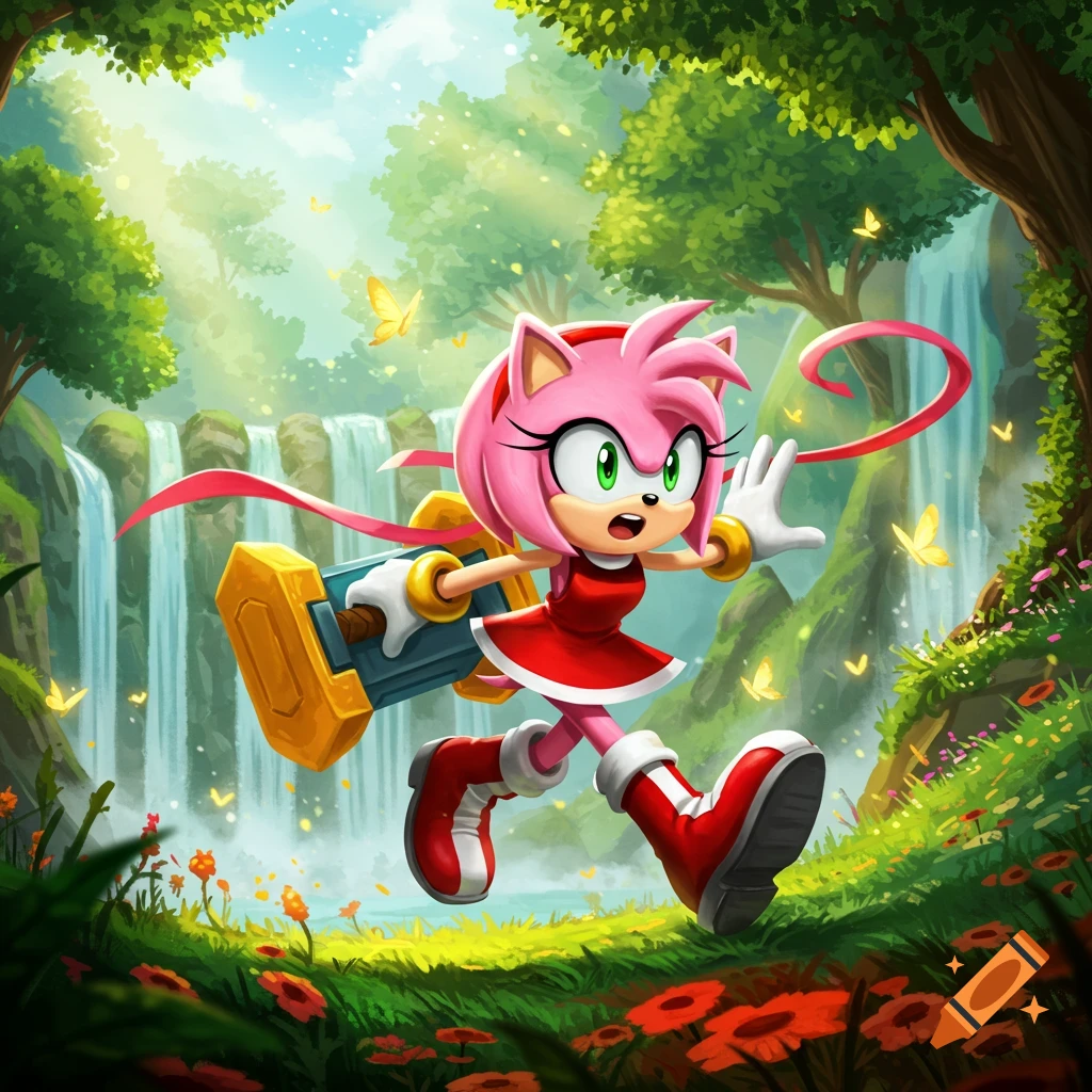 Animated Amy Rose runs through a vibrant fantasy forest with waterfalls and butterflies, holding her Piko Piko Hammer.