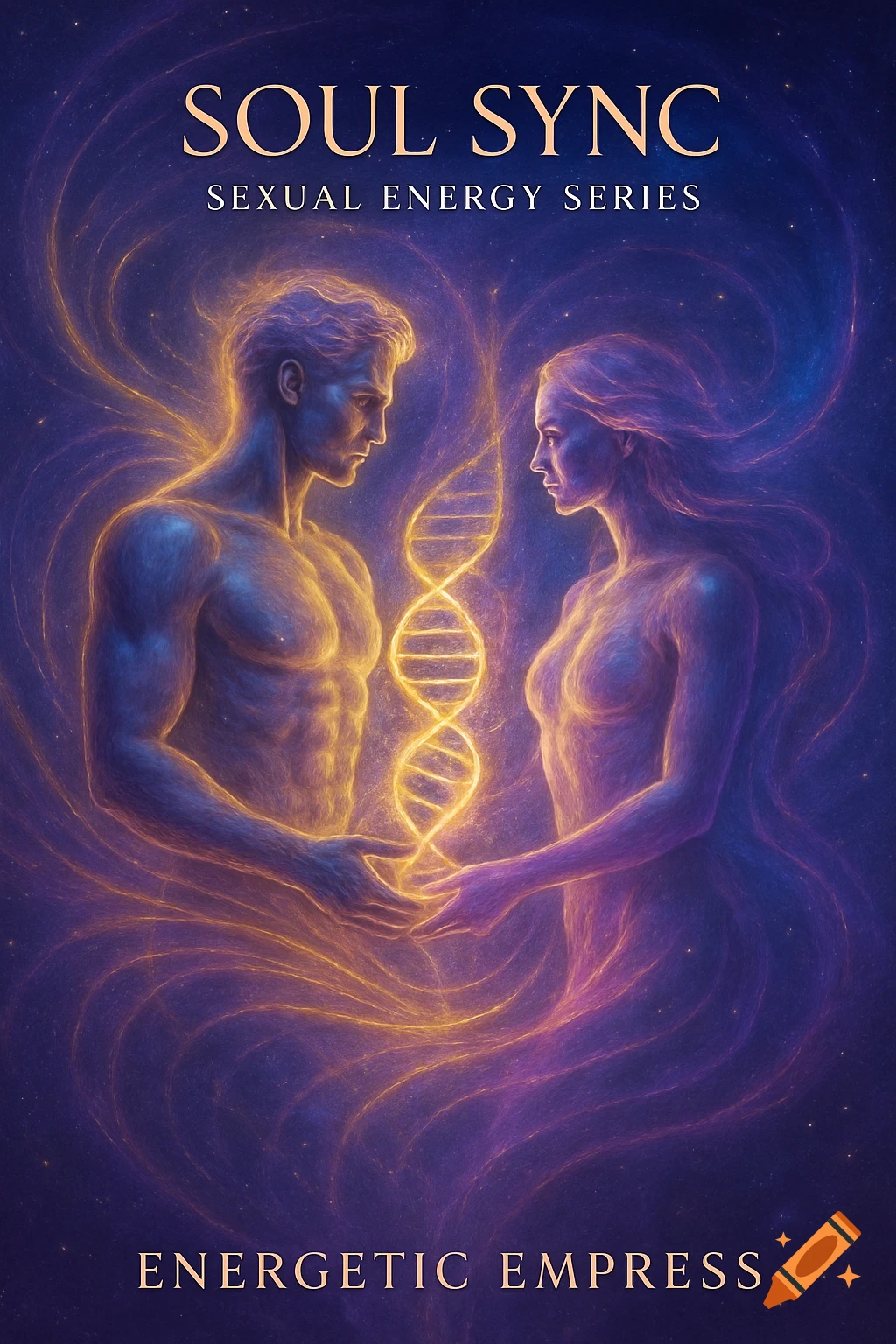Ethereal glowing male and female figures face each other, exchanging light around a golden DNA helix in a cosmic, starry setting, with text 'Soul Sync' and 'Energetic Empress'.
