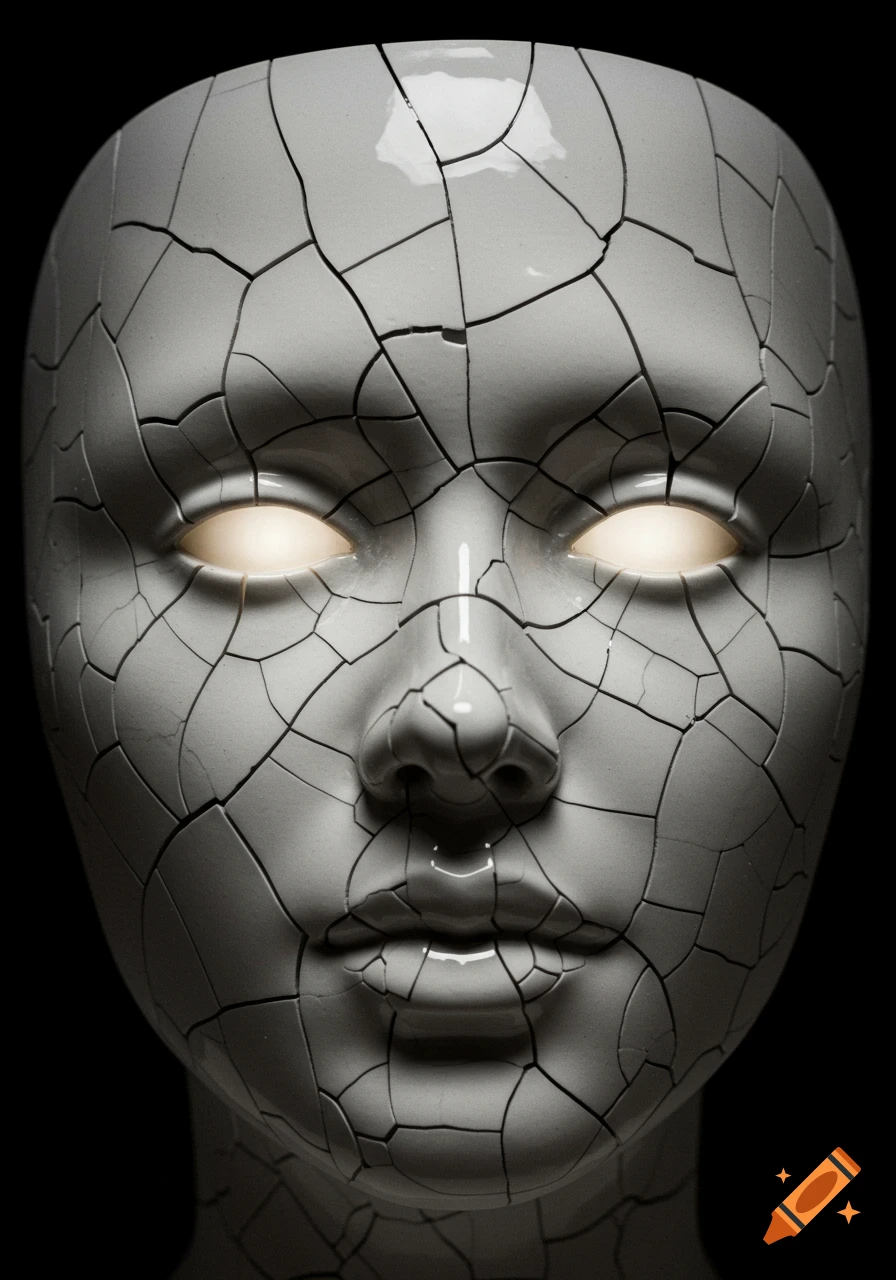 A cracked white porcelain face with luminous eyes against a dark background, in a photorealistic style.