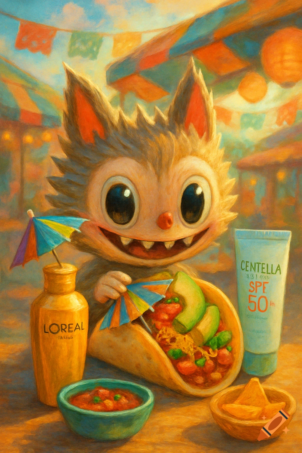 A cute, furry creature smiles, holding a taco with an umbrella, next to L'Oréal and Centella sunscreen in a vibrant, painterly style.