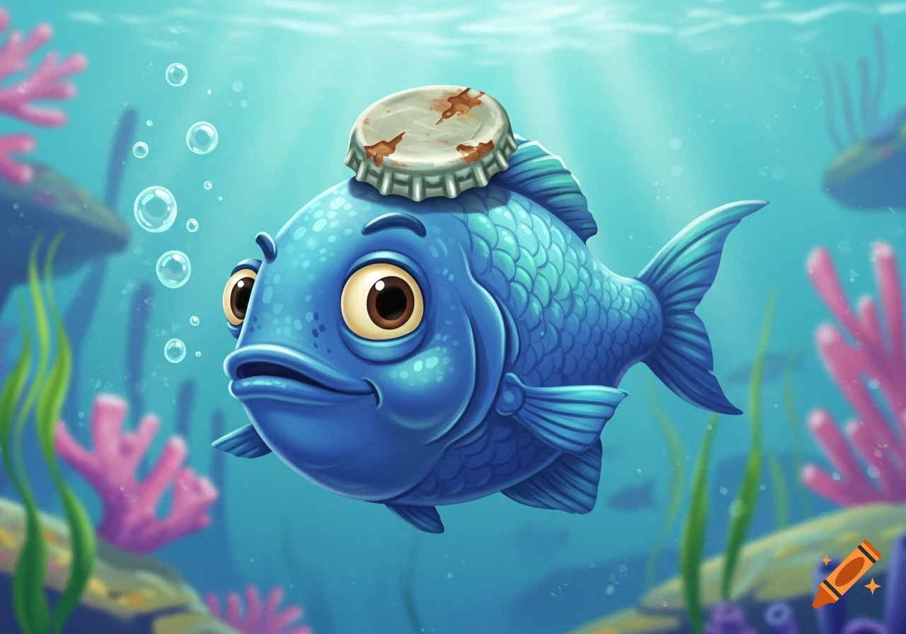 A blue cartoon fish with a rusty bottle cap on its head swims underwater amidst coral and plants.