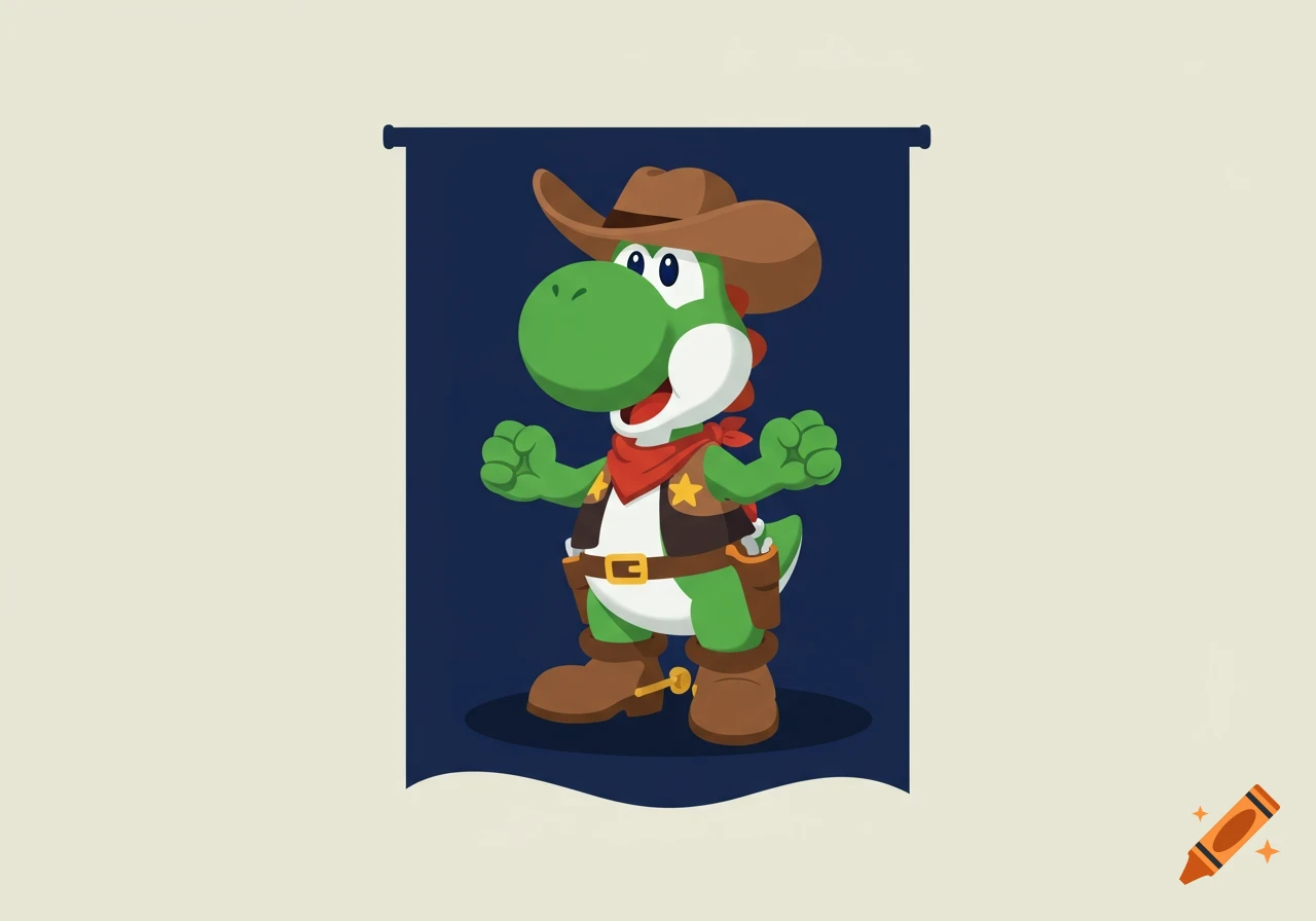 Green Yoshi character in a cowboy hat, red bandana, vest, and boots, standing on a dark blue flag banner in a cartoon style.