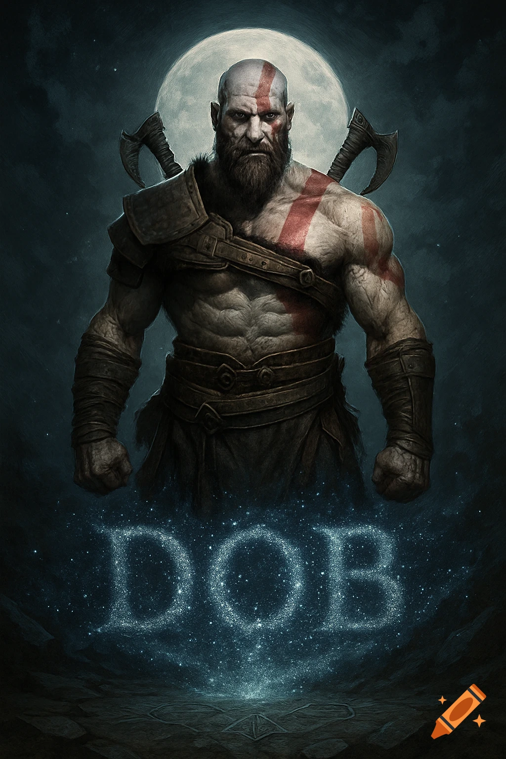 A detailed digital painting of Kratos from God of War standing against a full moon, with the glowing word 'DOB' below him.