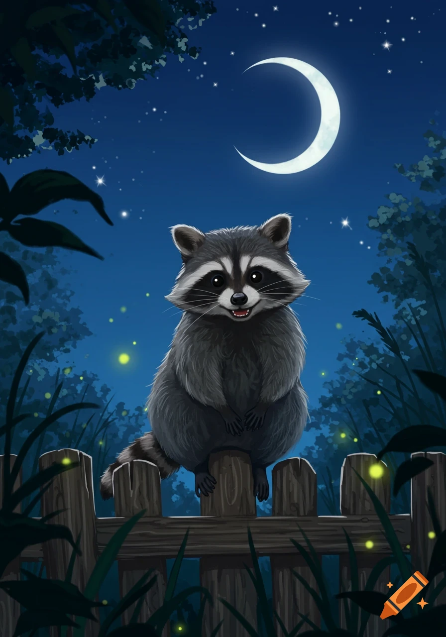 Cute illustrated raccoon with a grin sits on a wooden fence at night under a crescent moon with fireflies.