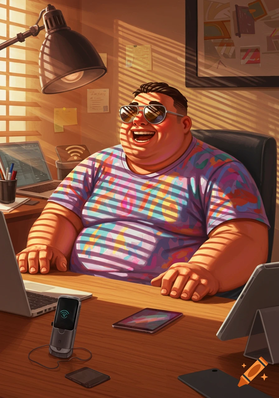 An illustrative portrait of a jovial, chubby man in sunglasses and a colorful striped t-shirt laughing at a sunny desk with a laptop and devices.