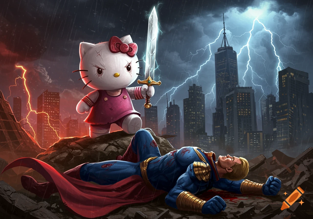 Furious Hello Kitty with a sword stands over a blood-stained, defeated Homelander in a stormy, destroyed city with lightning.
