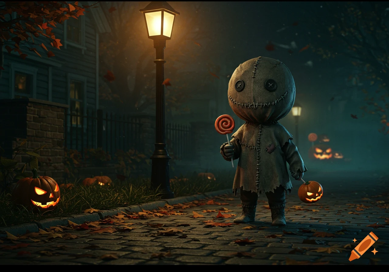 Sam from Trick 'r Treat stands on a spooky, leaf-covered cobblestone street at night, holding a lollipop and a glowing pumpkin.