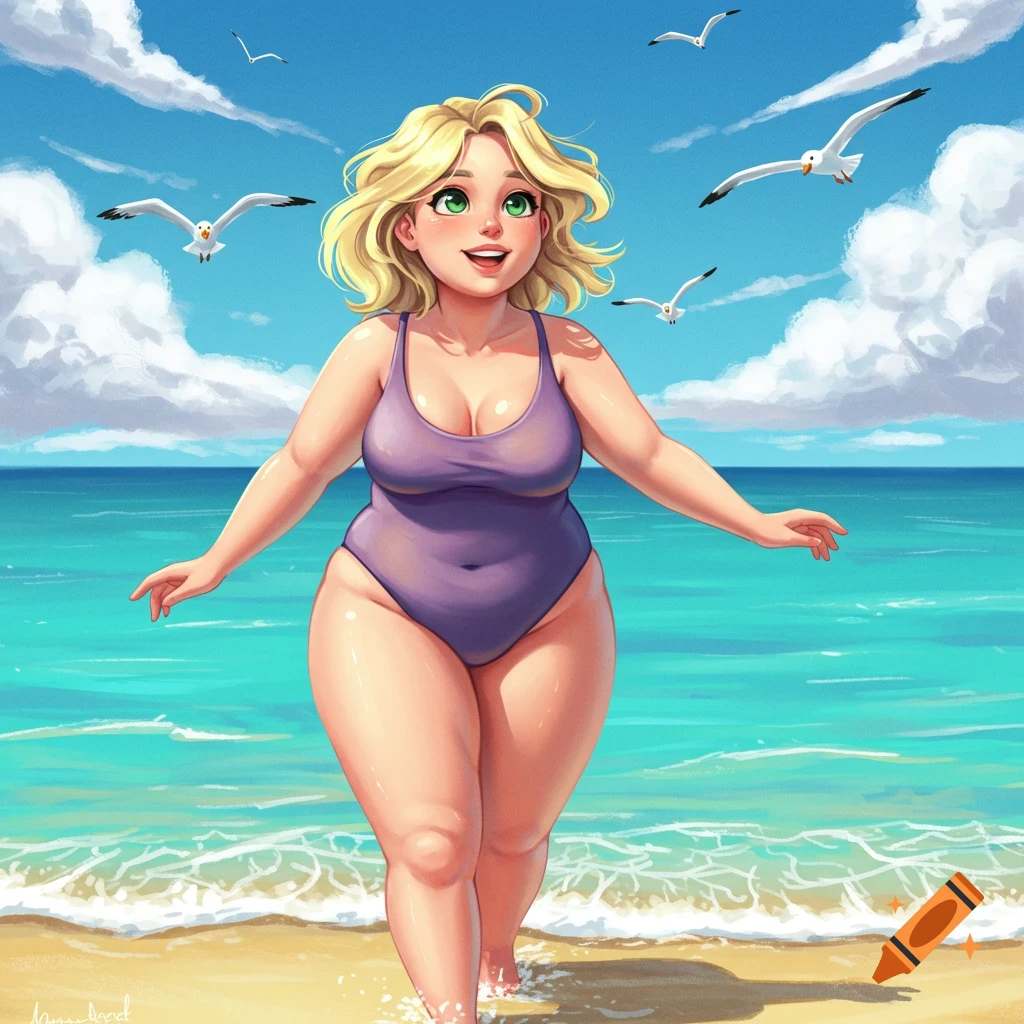 A smiling blonde woman with green eyes, wearing a purple swimsuit, walks along a turquoise beach with seagulls flying overhead in a bright cartoon style.