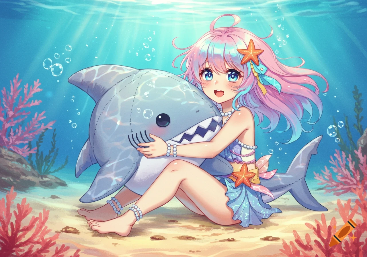 Cute anime girl with pastel hair and mermaid-like outfit cuddles a plush shark on the sandy underwater seabed with coral.