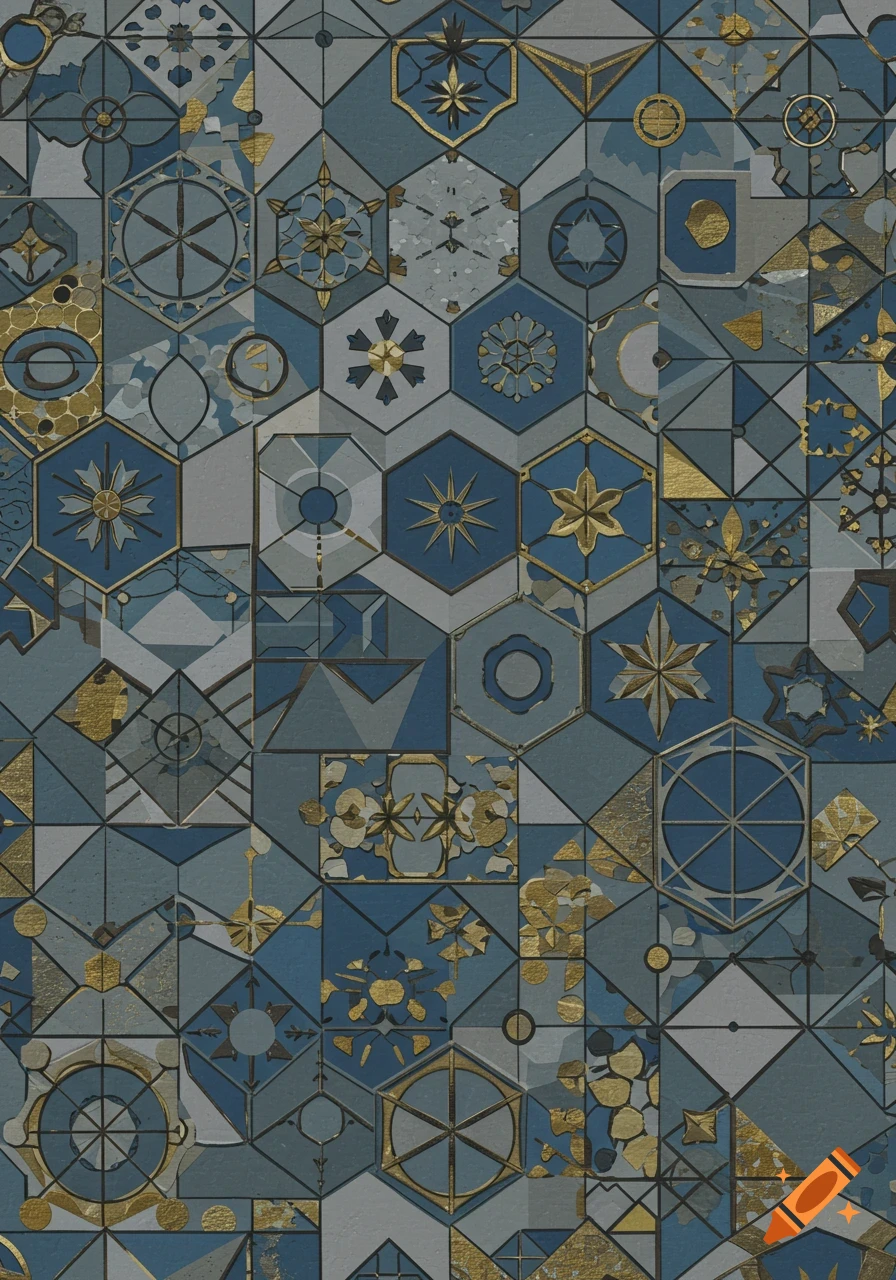 A repeating geometric pattern of blue and grey tiles with gold accents and abstract designs.